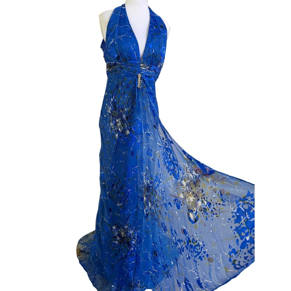 Night Way Silk Blend Blue Halter Evening Gown Open Back Formal Dress Size 8 M